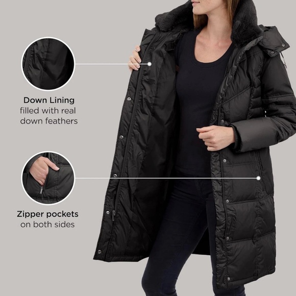 NWT London Fog Women's Black Puffer Down Coat w/Faux Fur Hood Size L - Picture 13 of 15